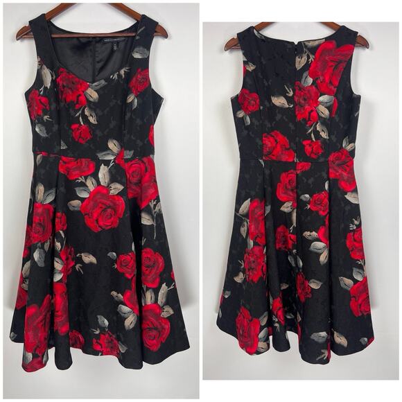 White House Black Market Black Red Rose Fit & Flare Floral Coktail Dress 10 - Picture 5 of 11
